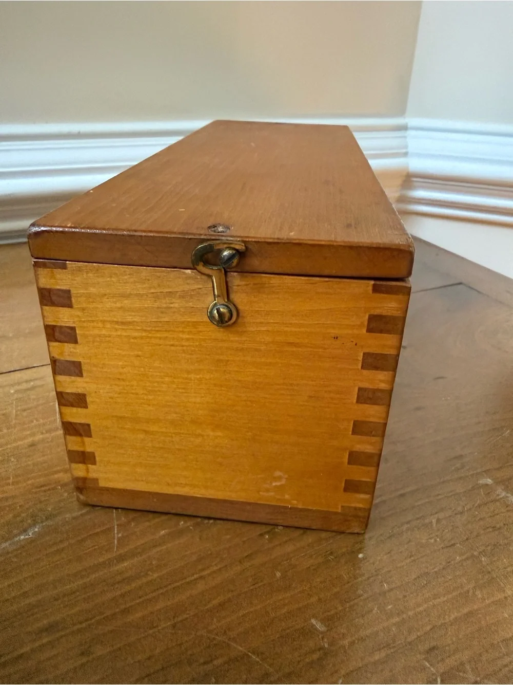 Vintage Dovetailed Wooden Card Catalog Storage Box with brass hardware